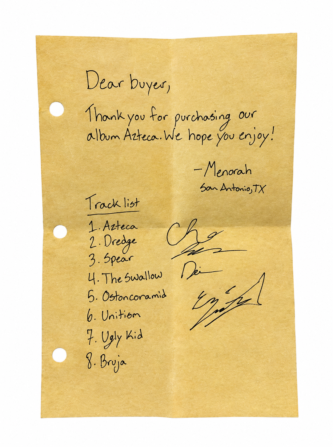 Menorah - AZTECA full album on CD with signed letter from all band members TOUR EXCLUSIVE